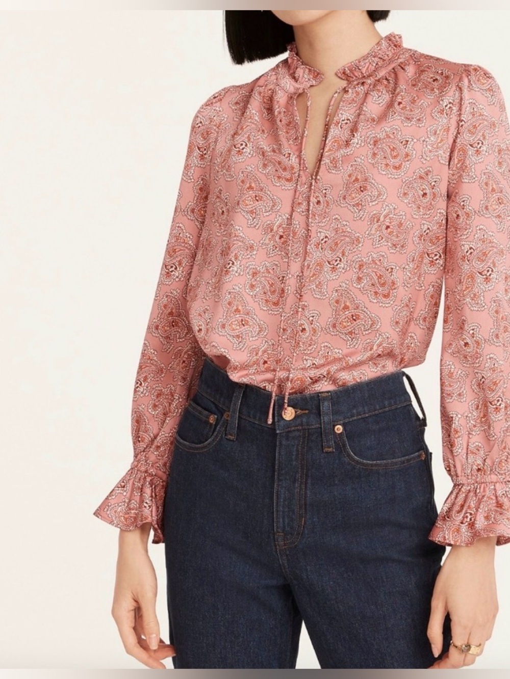 J Crew Drapey Tie-Neck Ruffle Top in Paisley Bunch Brandied Apricot Size Medium
